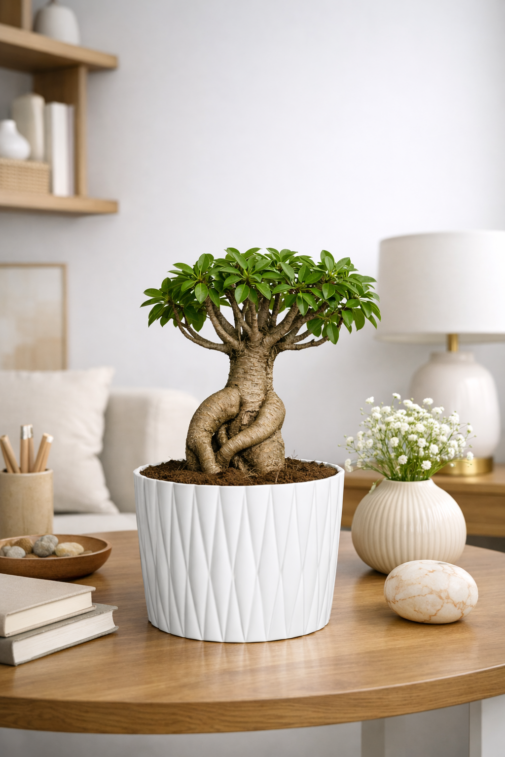 Mini bonsai plant in a white plastic po